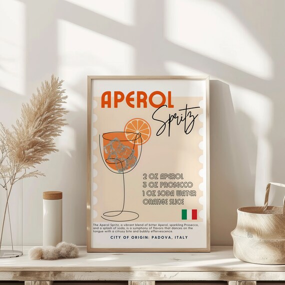 Aperol Spritz Retro Cocktail Recipe Art Print Kitchen Wall Decor