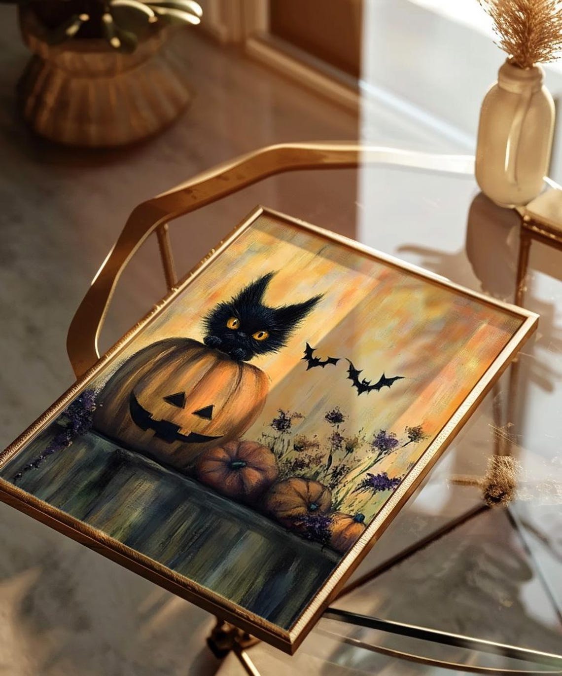 Black Cat On Jack O Lantern Bats Cute Halloween Painting Poster - Image 3