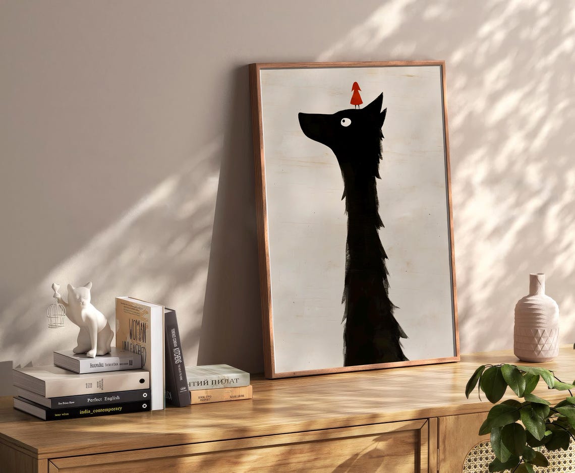 Giant Black Wolf With Tiny Red Hood Girl Illustration Poster - Image 2