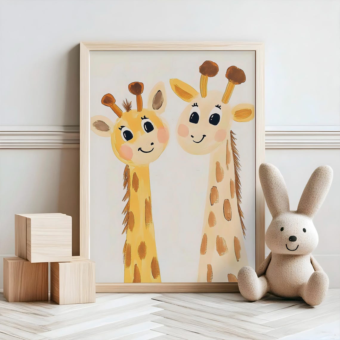 Two Smiling Giraffes Watercolor Painting Nursery Kids Room Wall Art - Image 2