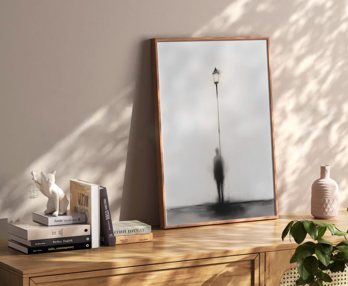 Lamppost Silhouette Foggy Street Charcoal Moody Figure Poster - Image 2
