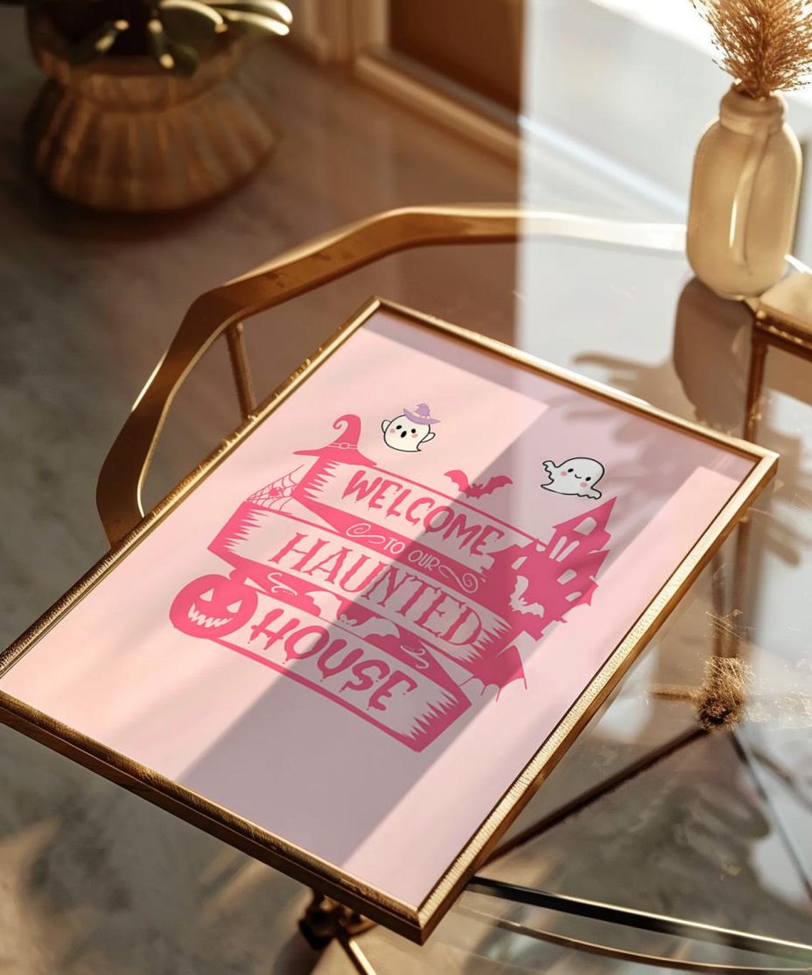 Cute Pink Welcome To Our Haunted House Ghosts Halloween Decor Poster - Image 4