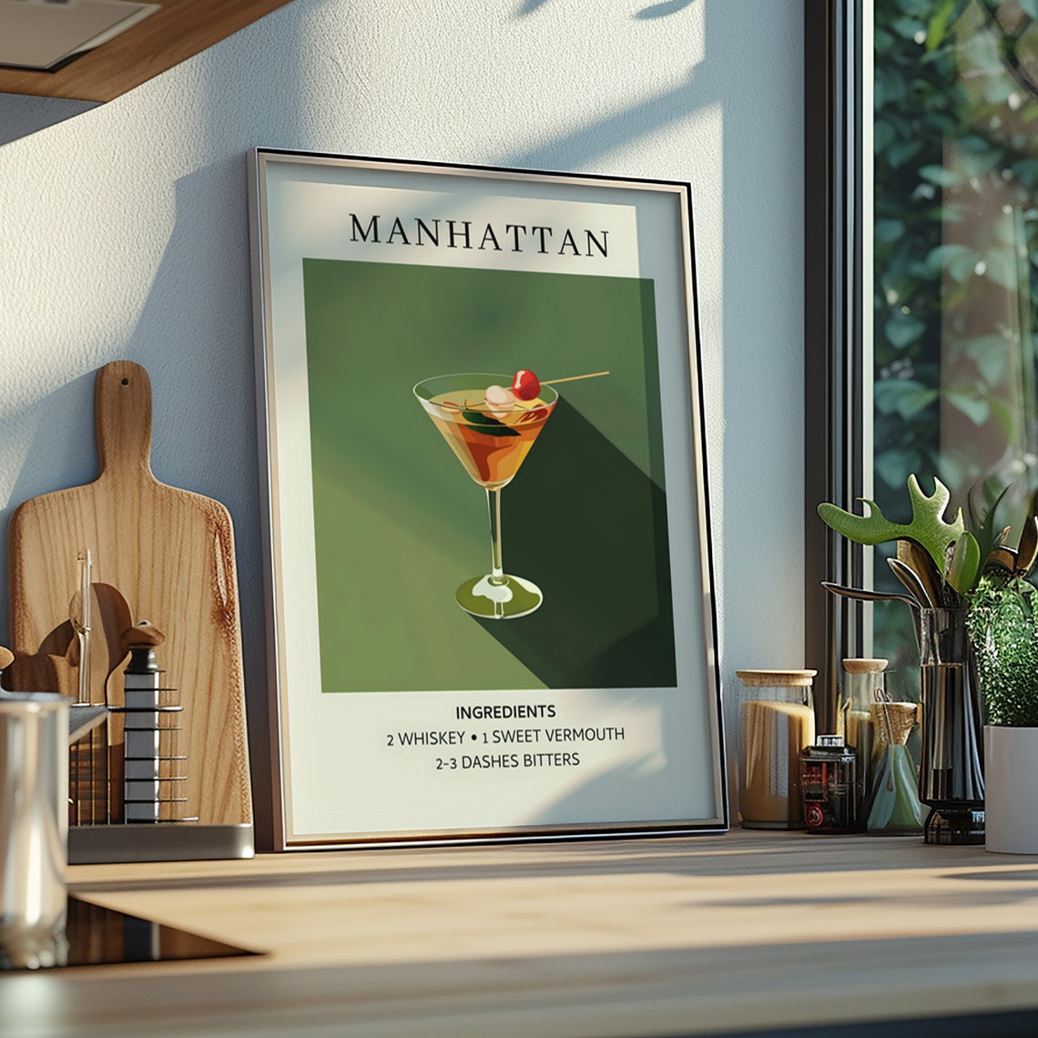 Manhattan Cocktail Recipe Art Print Green Retro Bar Wall Decor - Image 2
