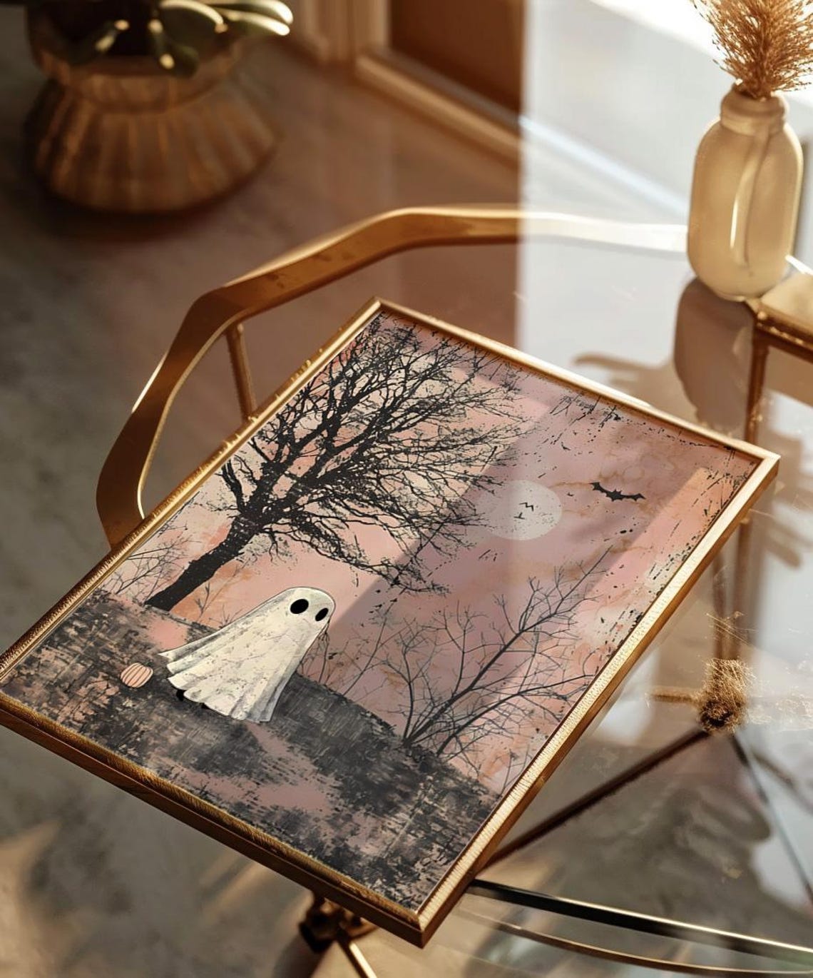 Cute Ghost Under Moon In Spooky Forest Vintage Halloween Pink Poster - Image 4