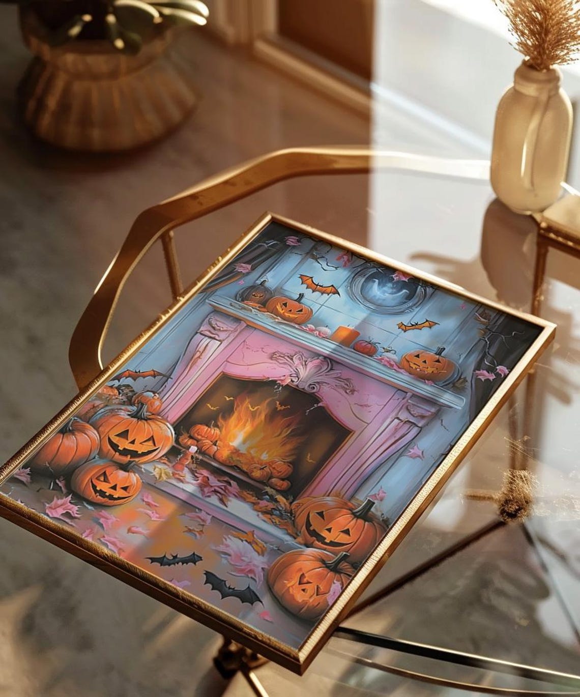 Cute Pink Halloween Fireplace Pumpkins Bats Cozy Autumn Scene Poster - Image 4