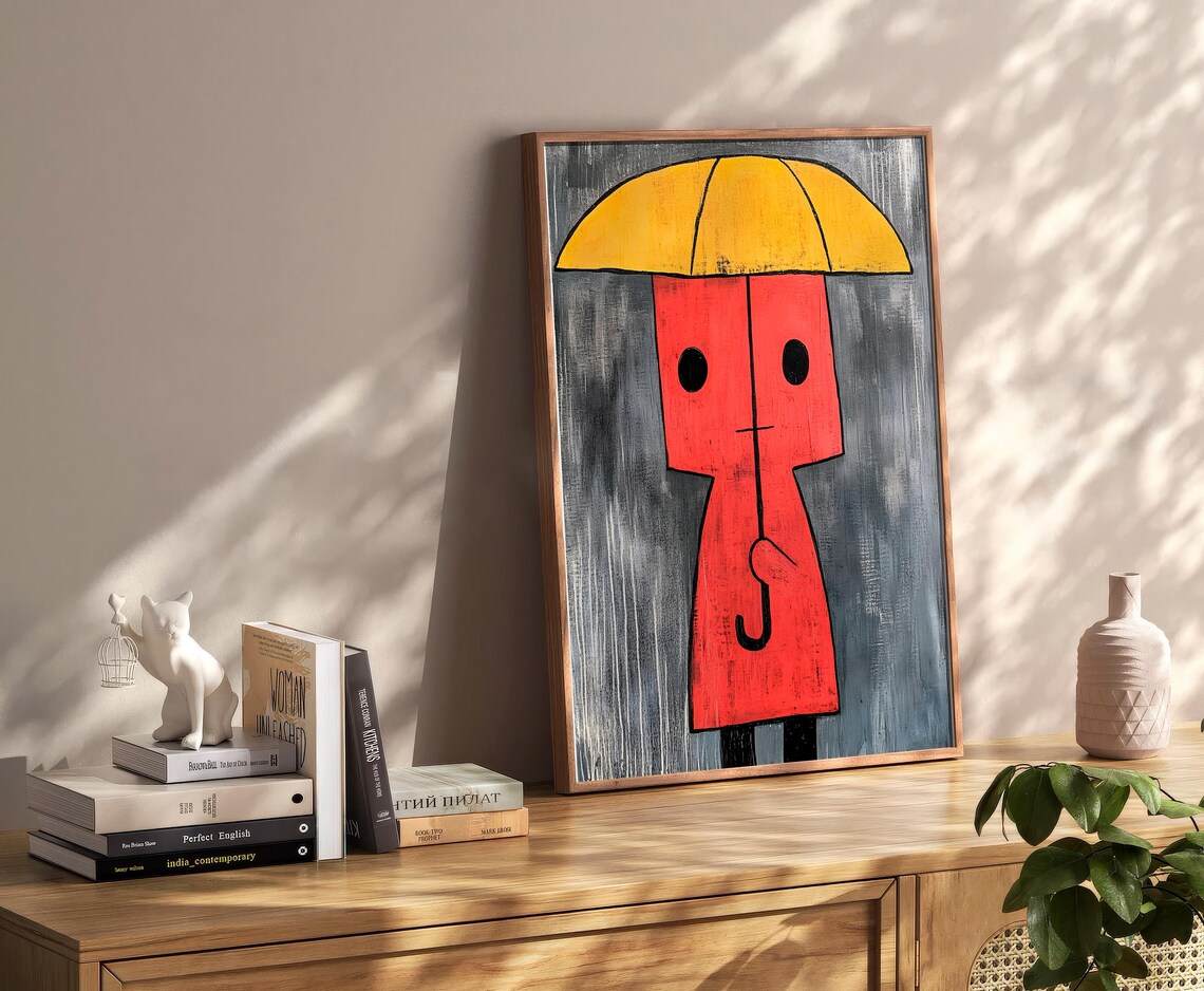 Yellow Umbrella Red Figure Rainy Day Naive Folk Art Kids Poster - Image 2