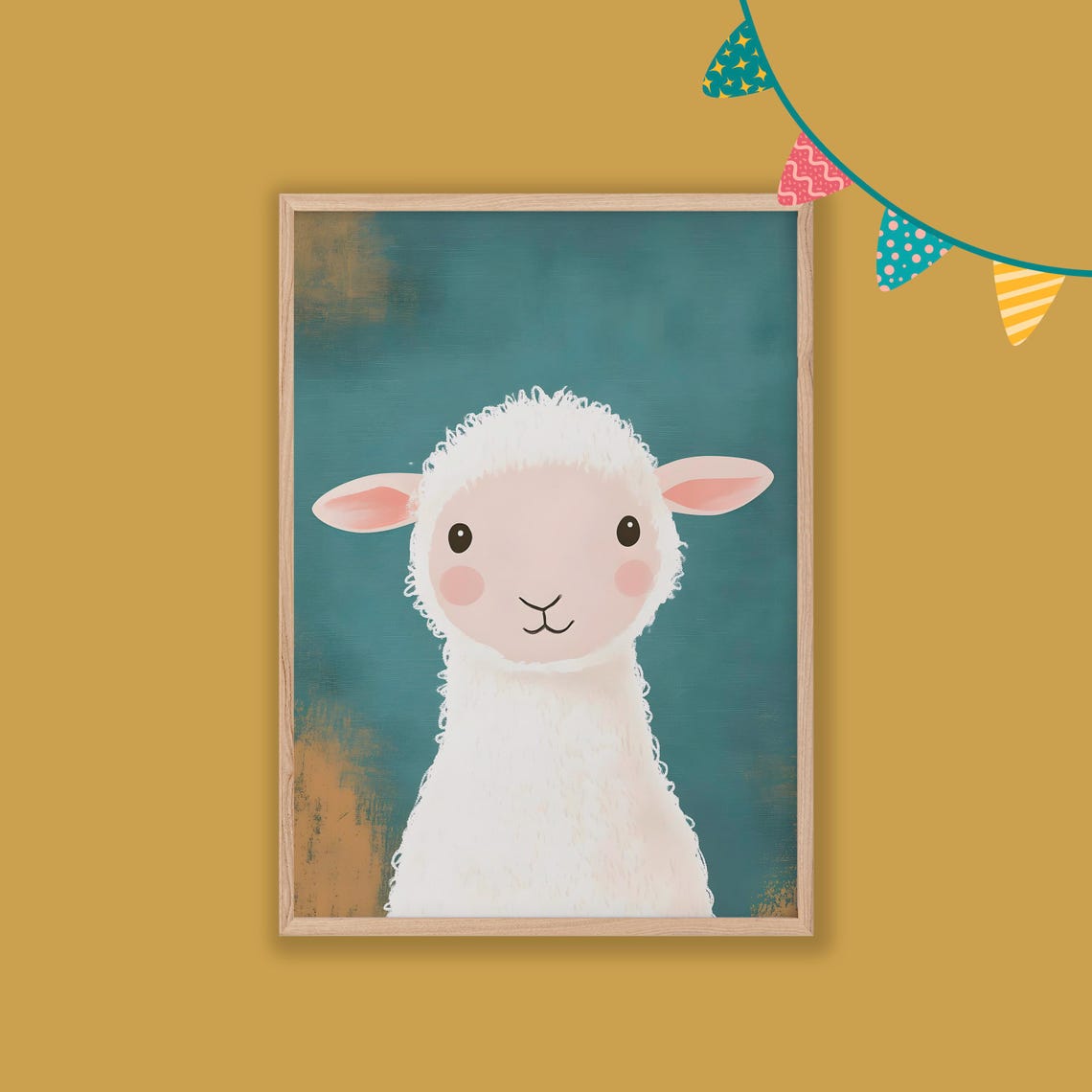 Sweet White Lamb Portrait On Calm Teal Nursery Baby Room Poster