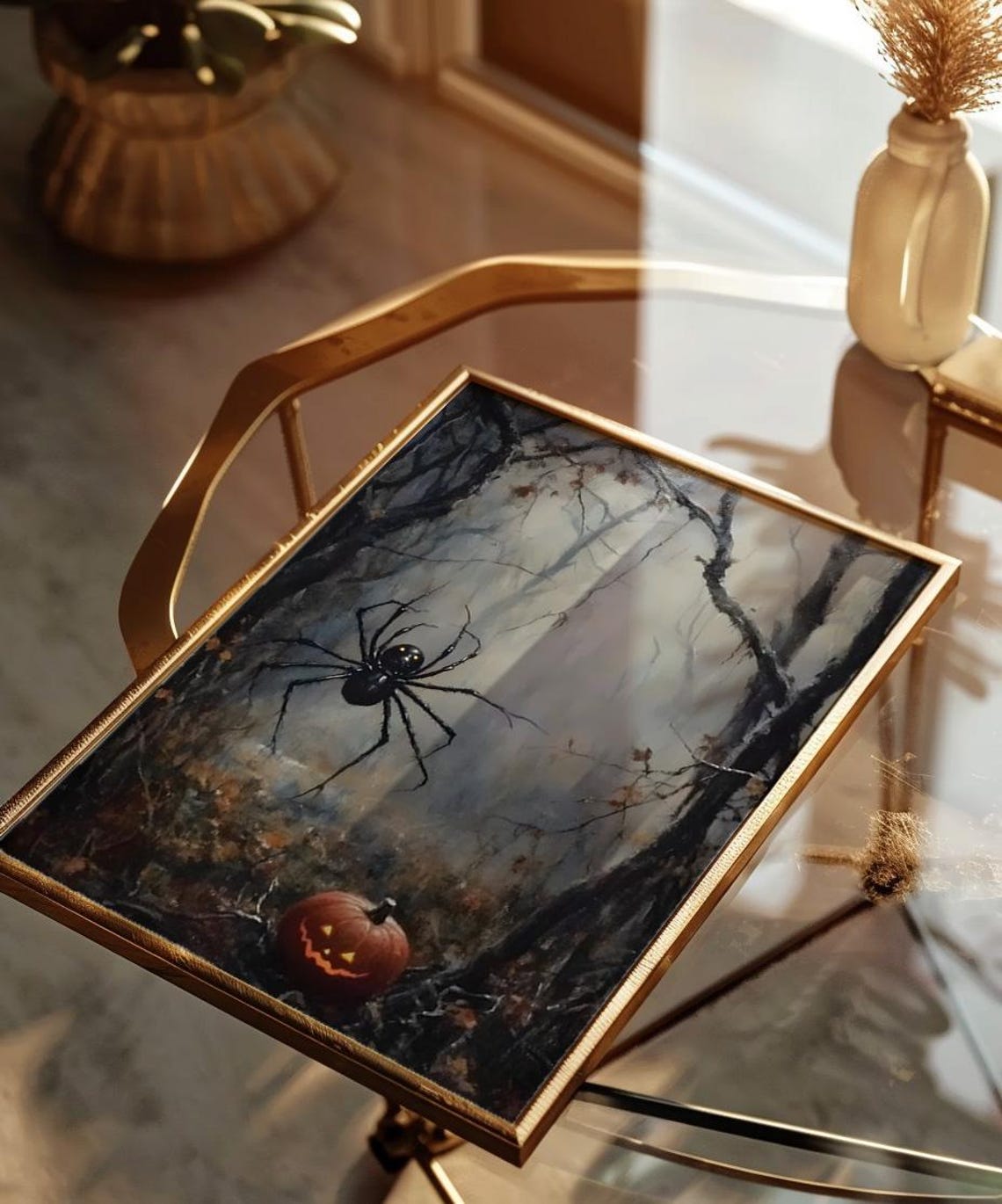 Halloween Spider Dark Forest Jack o Lantern Spooky Vintage Art Poster - Image 3