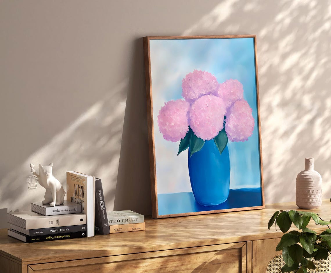 Pink Hydrangeas In Blue Vase Floral Still Life Painting Poster - Image 2