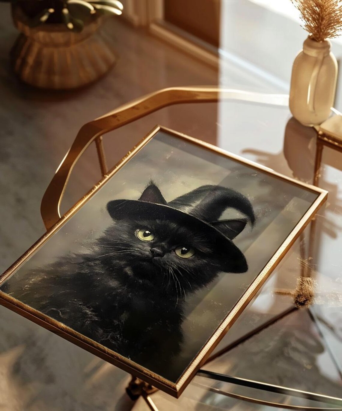 Black Cat Wearing Witch Hat Vintage Oil Painting Halloween Poster - Image 3