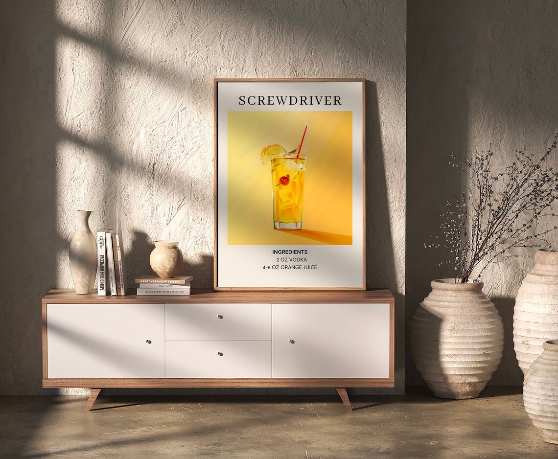 Screwdriver Cocktail Recipe Poster Minimal Yellow Drink Art Kitchen Decor - Image 2