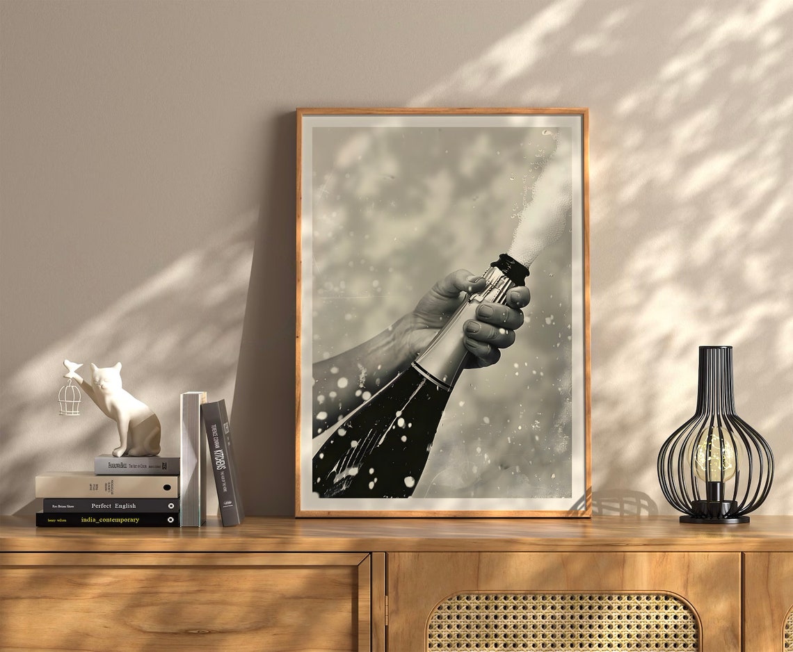 Champagne Bottle Popping Black White Photo Print Celebration - Image 3