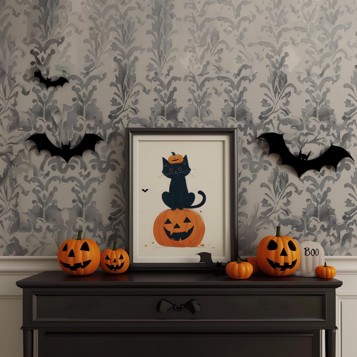 Black Cat Sitting On Jack O Lantern Cute Vintage Halloween Poster