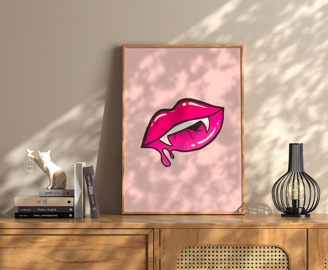 Vampire Lips Hot Pink Fangs Cute Pop Art Halloween Spooky Poster