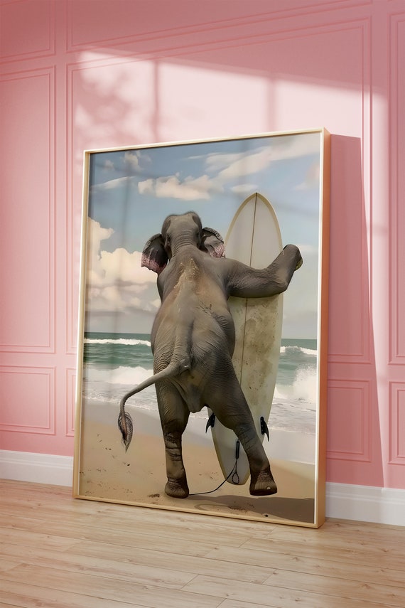 Vintage Elephant Surfing Wall Art Therapy Print Vintage Bar Cart Retro Wall Art Aesthetic Kitchen Decor Poster College Apartment Decor