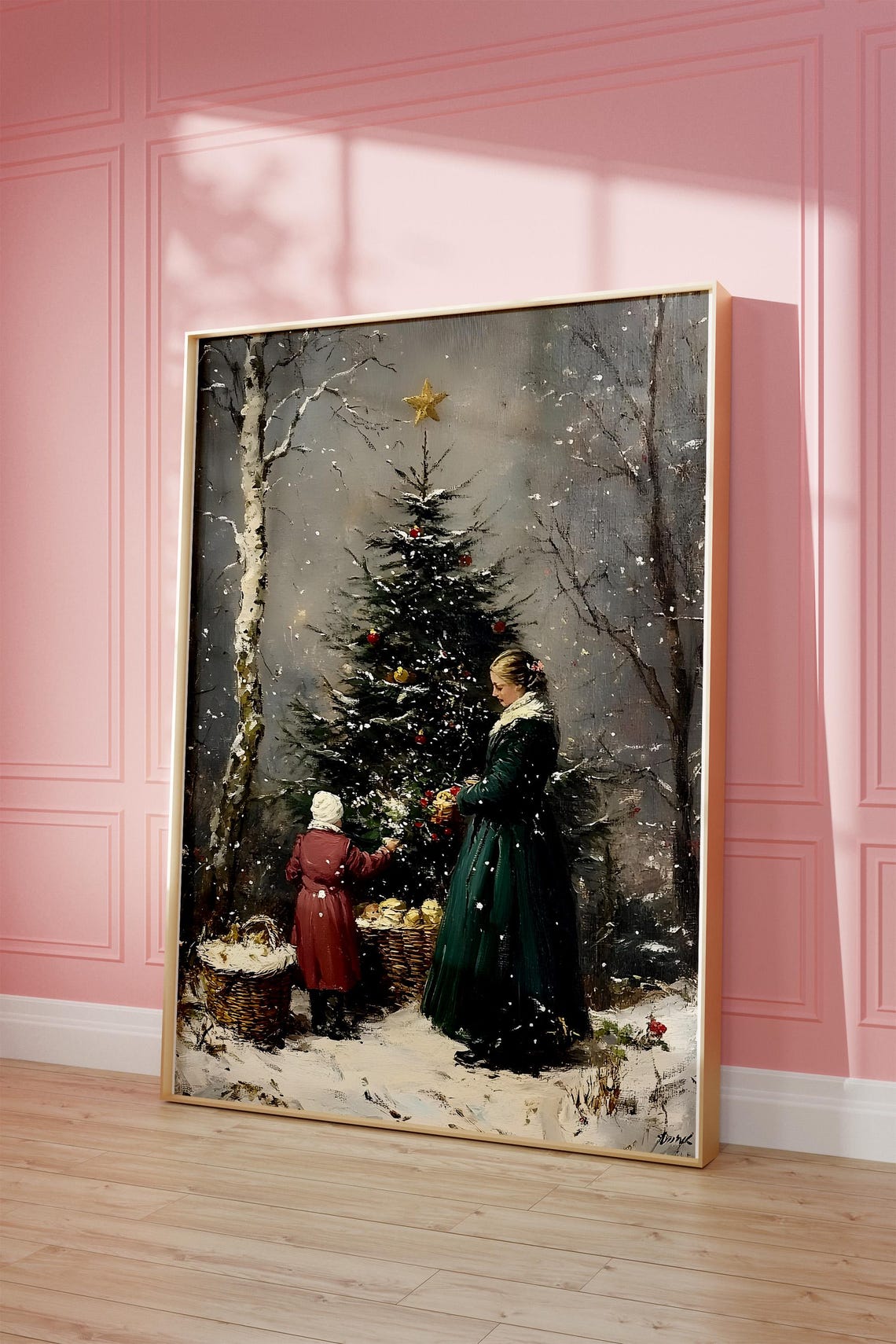 Mother and Child Decorating Christmas Tree Snowy Vintage Art Poster - Image 3