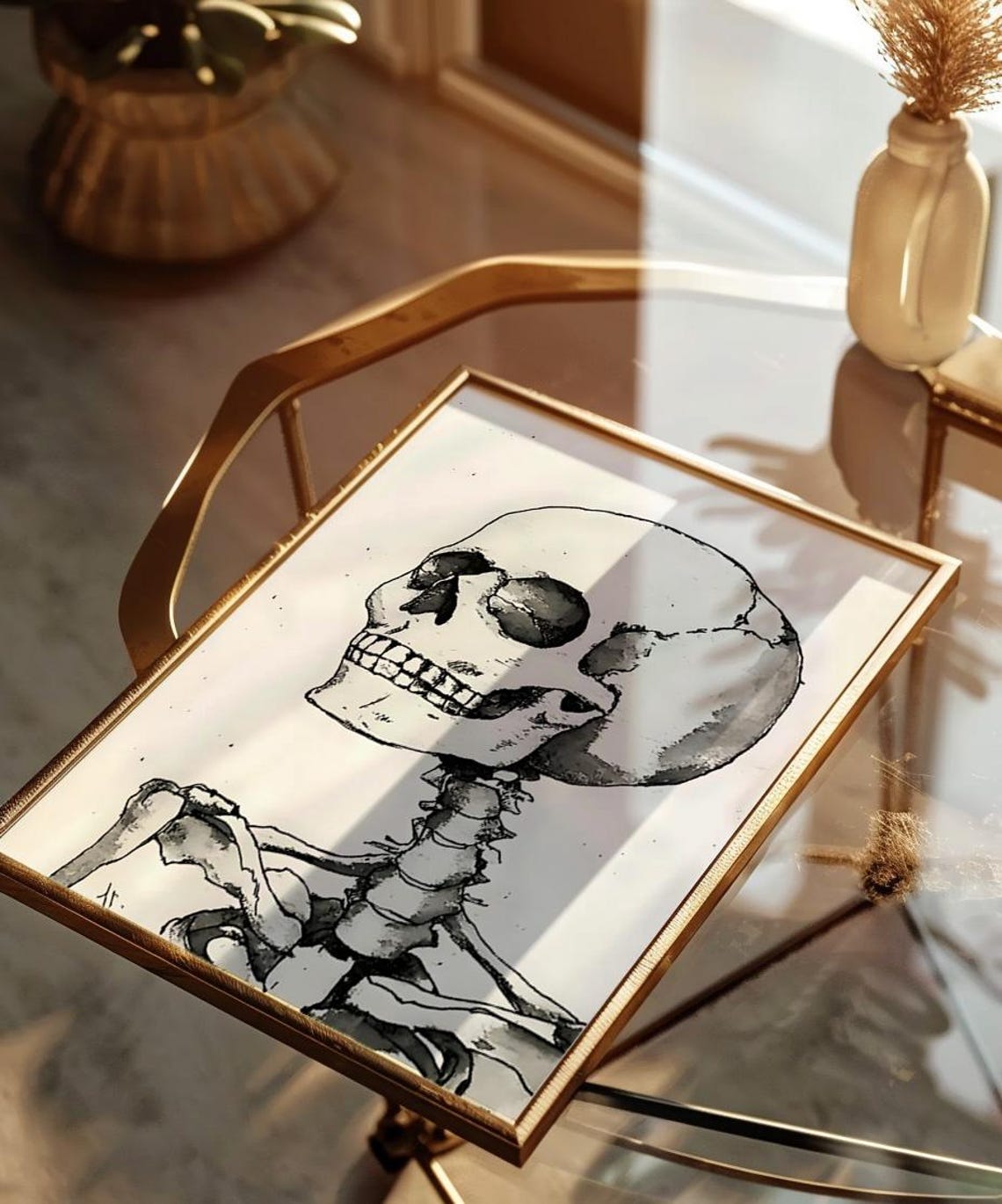 Black Ink Skeleton Skull Drawing Anatomical Halloween Art Poster - Image 3