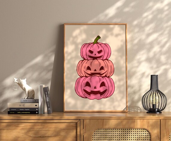Pink Stacked Jack O Lanterns Smiling Pumpkin Halloween Poster