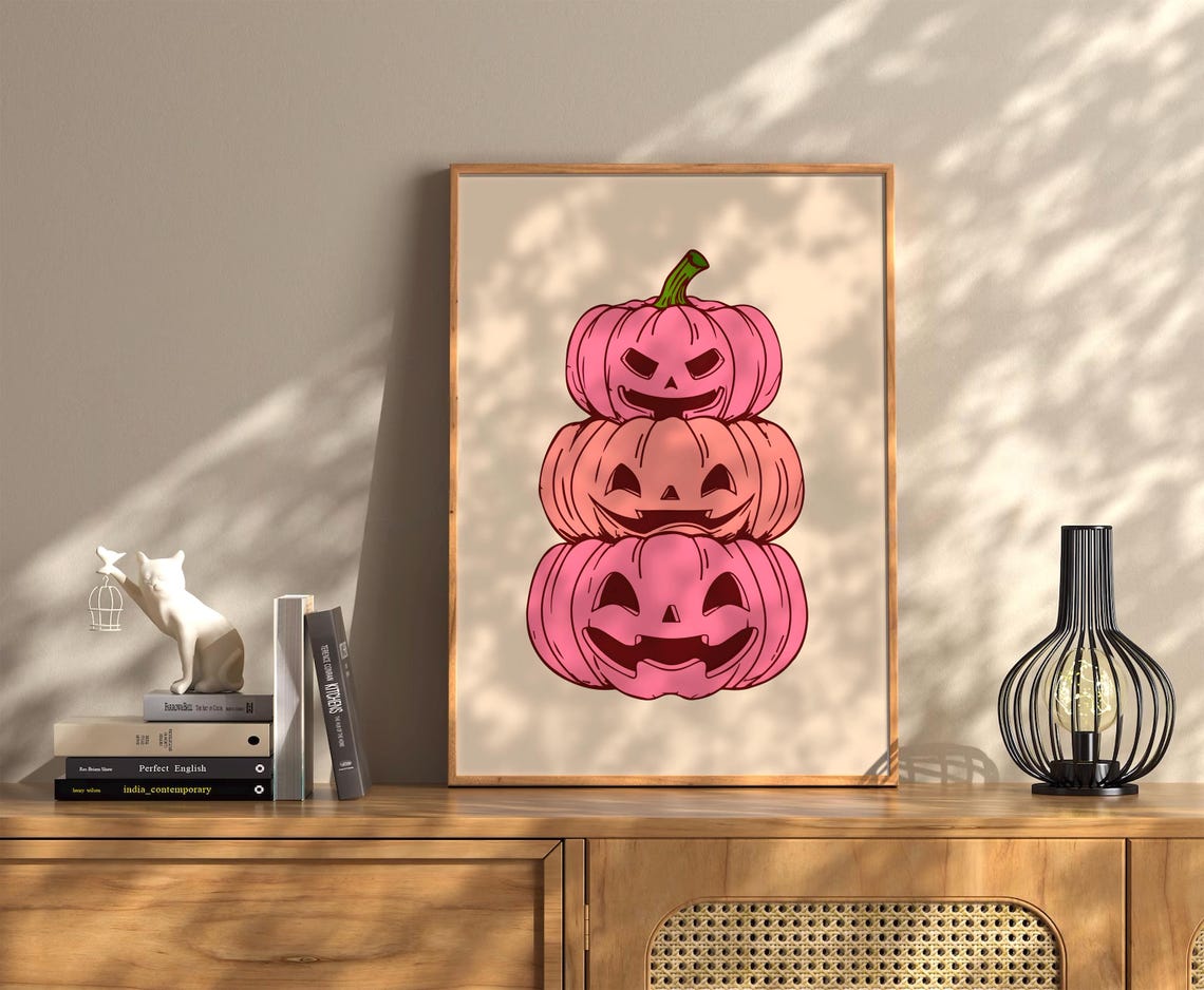 Pink Stacked Jack O Lanterns Smiling Pumpkin Halloween Poster