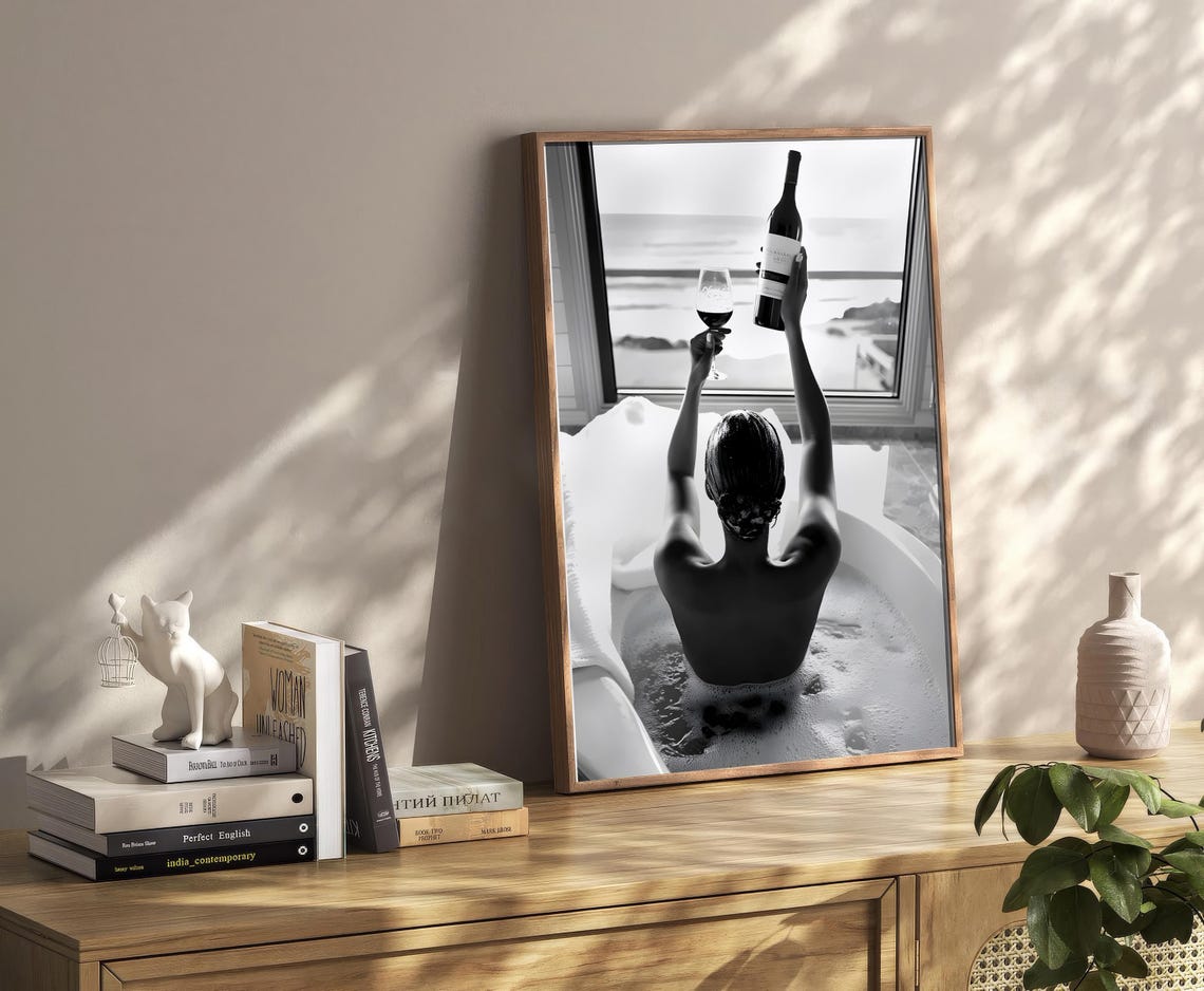 Woman Bathing With Wine Bottle Black White Ocean View Photo Poster - Image 2