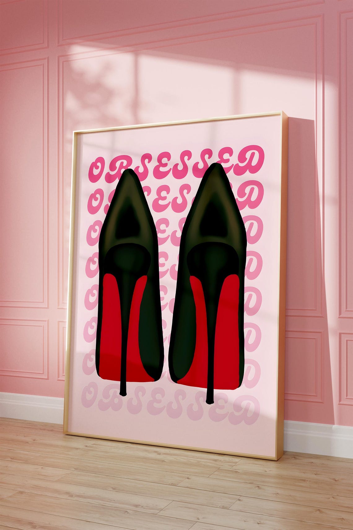 Black High Heel Shoes Red Soles Obsessed Pink Retro Pop Art Print