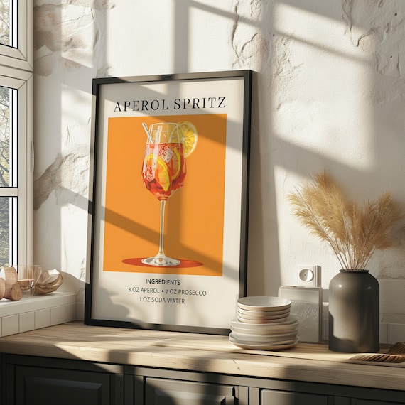 Aperol Spritz Cocktail Recipe Art Print Orange Kitchen Bar Decor