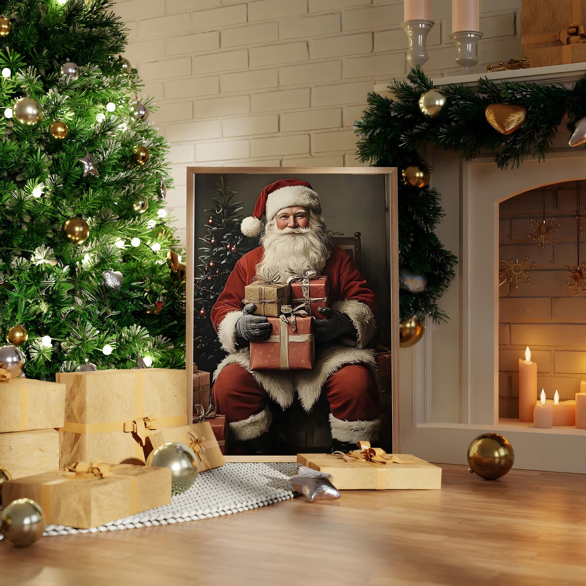 Vintage Santa Claus Holding Gifts Classic Christmas Portrait Poster