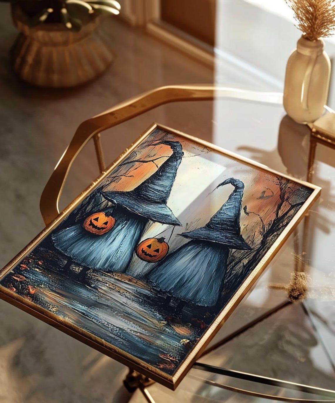 Two Little Witches Pumpkin Buckets Autumn Woods Painting Poster - Image 3