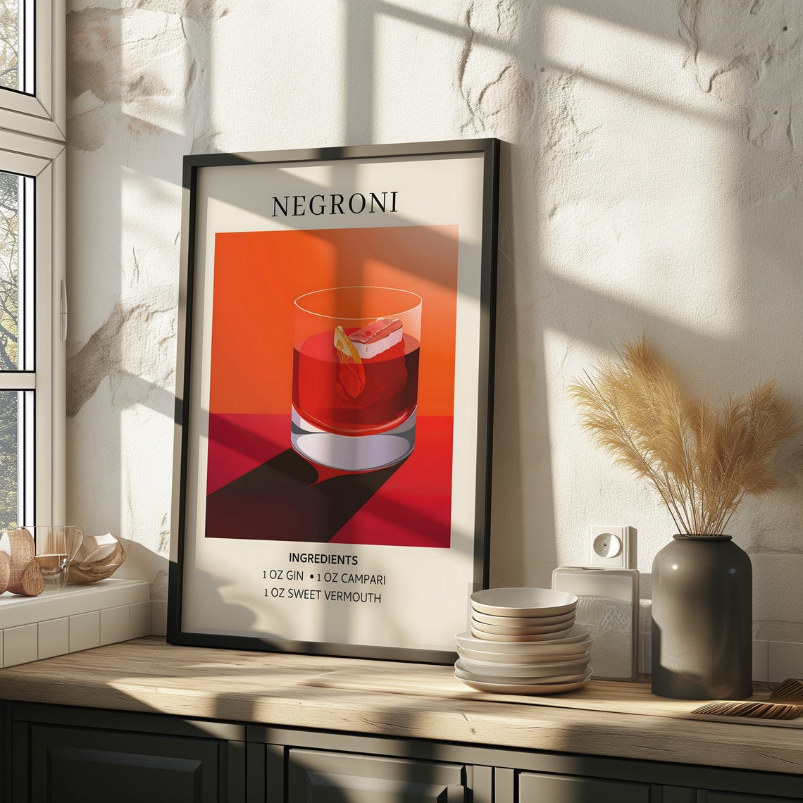 Negroni Cocktail Recipe Art Print Retro Bar Cart Wall Decor Orange - Image 3