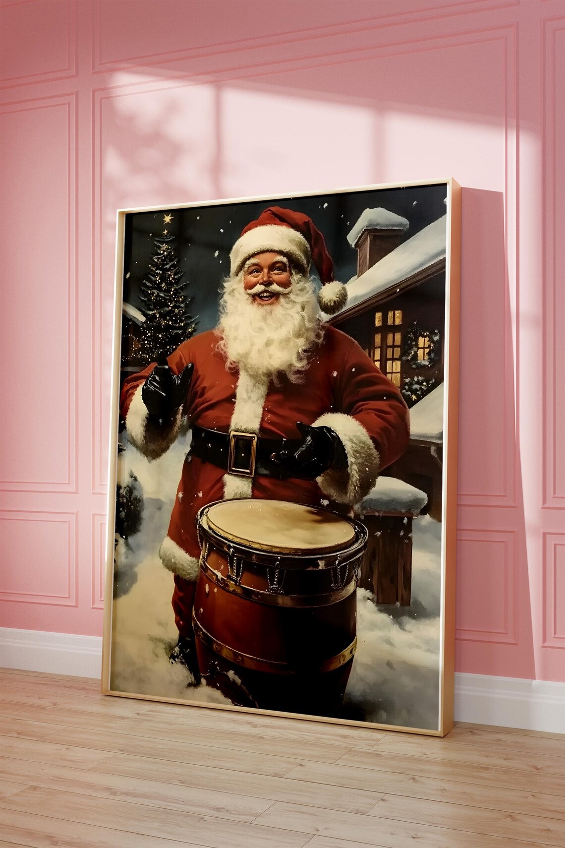 Vintage Santa Claus Playing Drum in the Snow Christmas Poster - Image 3