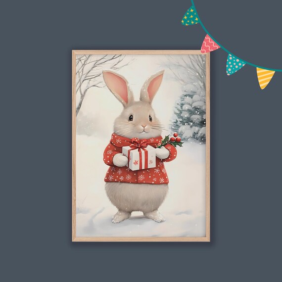 Christmas Bunny in Red Coat Holding Gift Snowy Holiday Poster