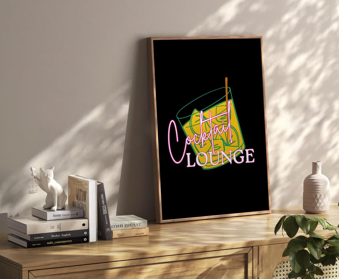 Cocktail Lounge Neon Sign Style Black Bar Cart Retro Aesthetic Poster - Image 2