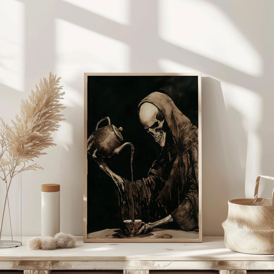 Grim Reaper Pouring Tea Dark Macabre Vintage Halloween Poster - Image 2