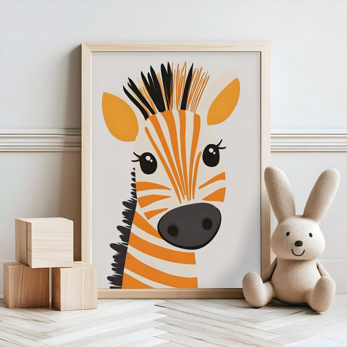Cartoon Zebra Face Orange Stripes Close Up Playful Kids Nursery Animal Poster - Image 2