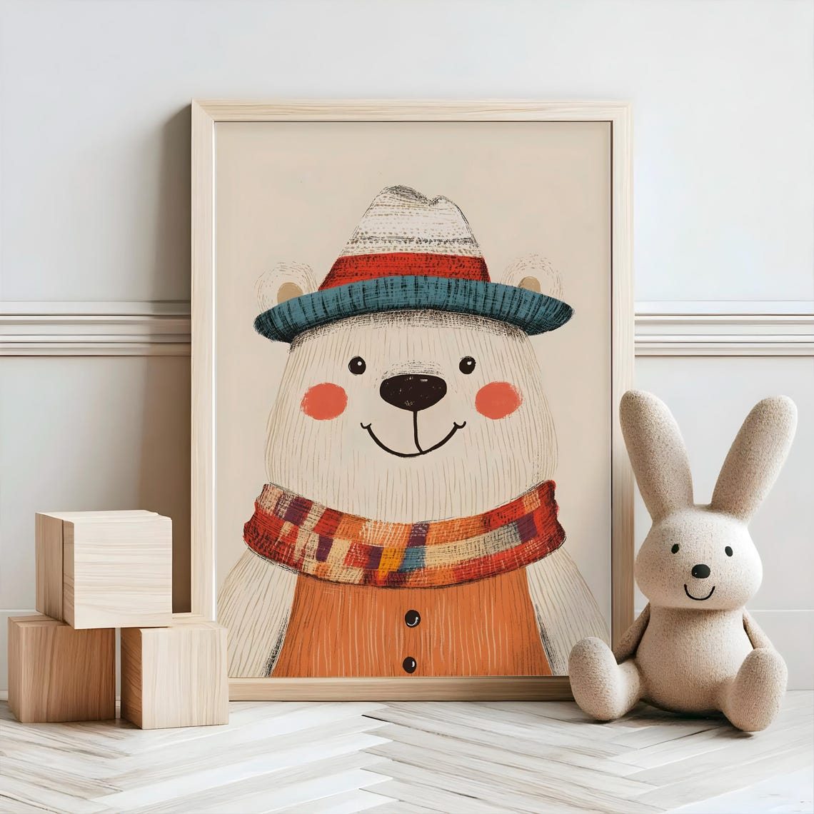 Smiling Polar Bear in Striped Hat and Scarf Nursery Decor Poster - Image 2