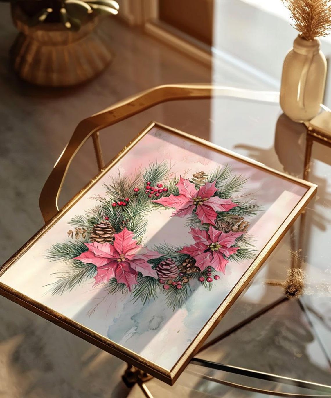 Pink Poinsettia Christmas Wreath Watercolor Floral Art Poster - Image 2
