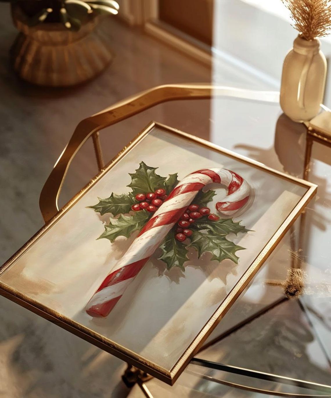 Vintage Candy Cane With Holly and Berries Christmas Art Poster - Image 2