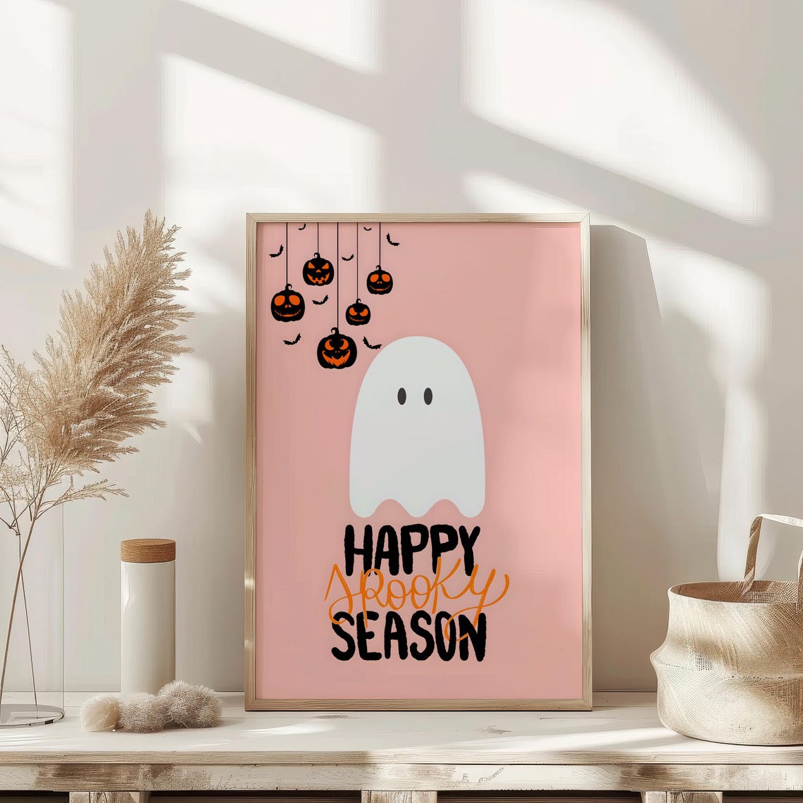 Happy Spooky Season Ghost and Pumpkins Pink Halloween Art Poster - Image 4