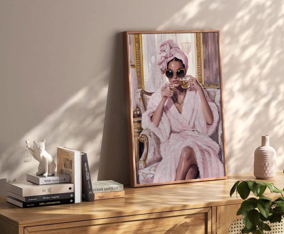 Elegant Woman In Pink Robe With Drinks Luxury Salon Art Poster - Image 2