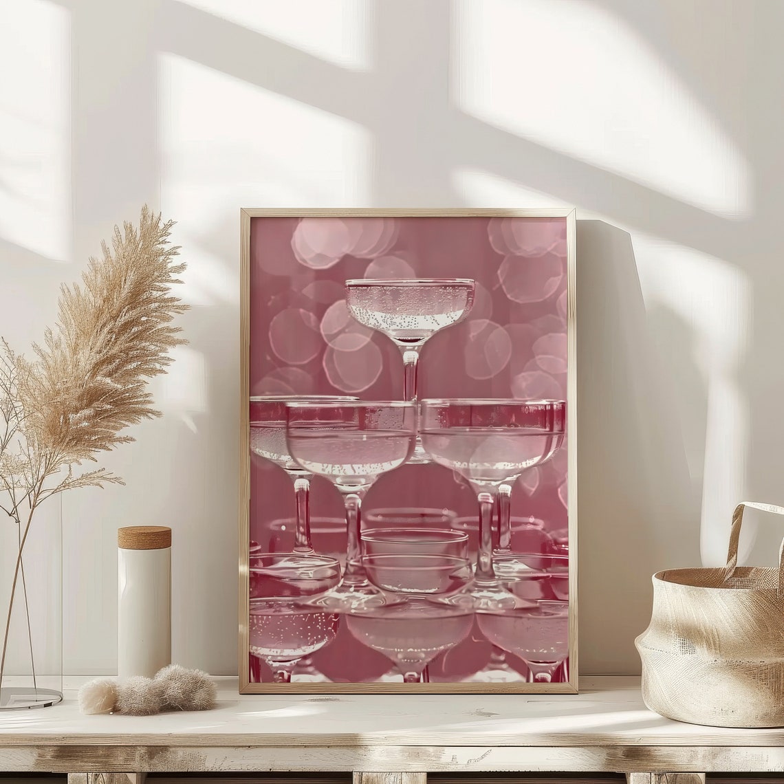 Pink Champagne Tower Coupe Glasses Celebration Bar Cart Poster