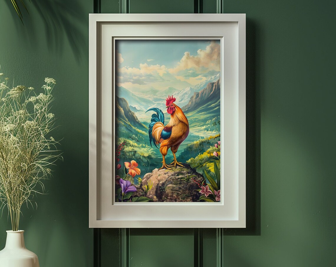 Colorful Rooster on Rocky Peak Tropical Mountain Valley Wall Art - Image 3