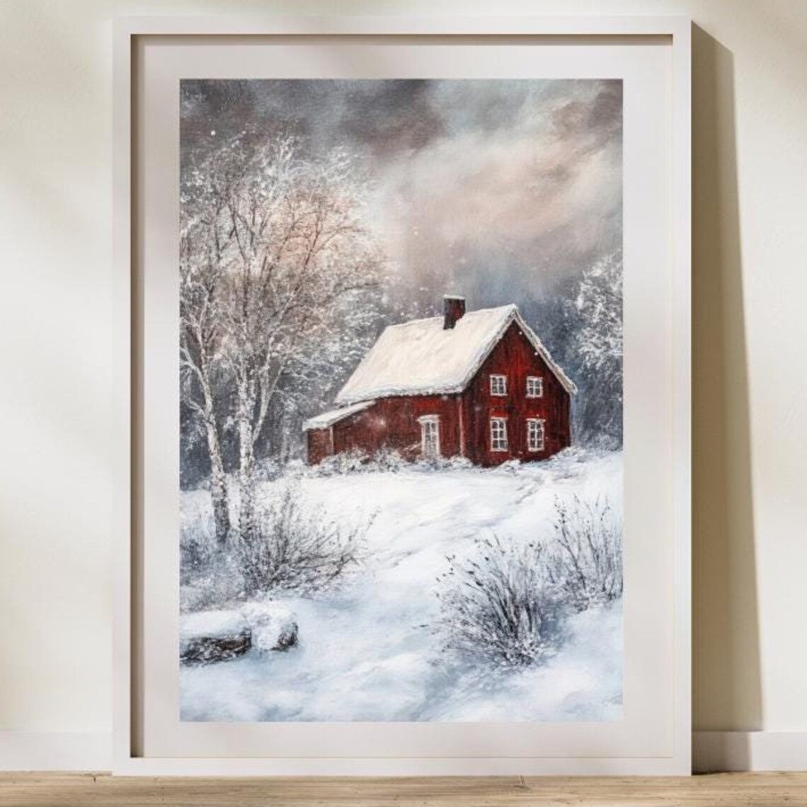 Red Farmhouse In Snow Vintage Winter Landscape Oil Painting Poster - Image 3