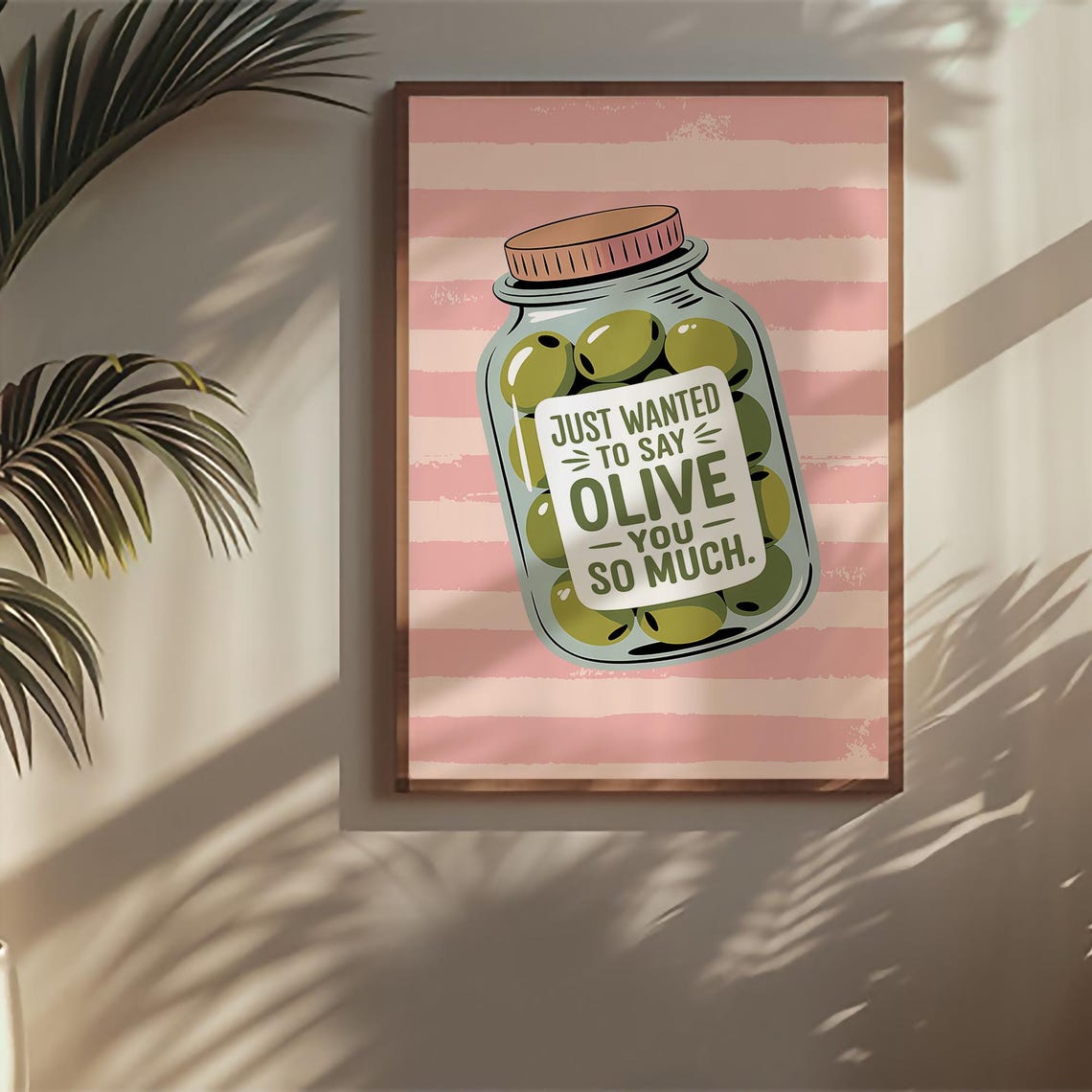 Olive You So Much Funny Kitchen Pun Olive Jar Pink Striped Poster