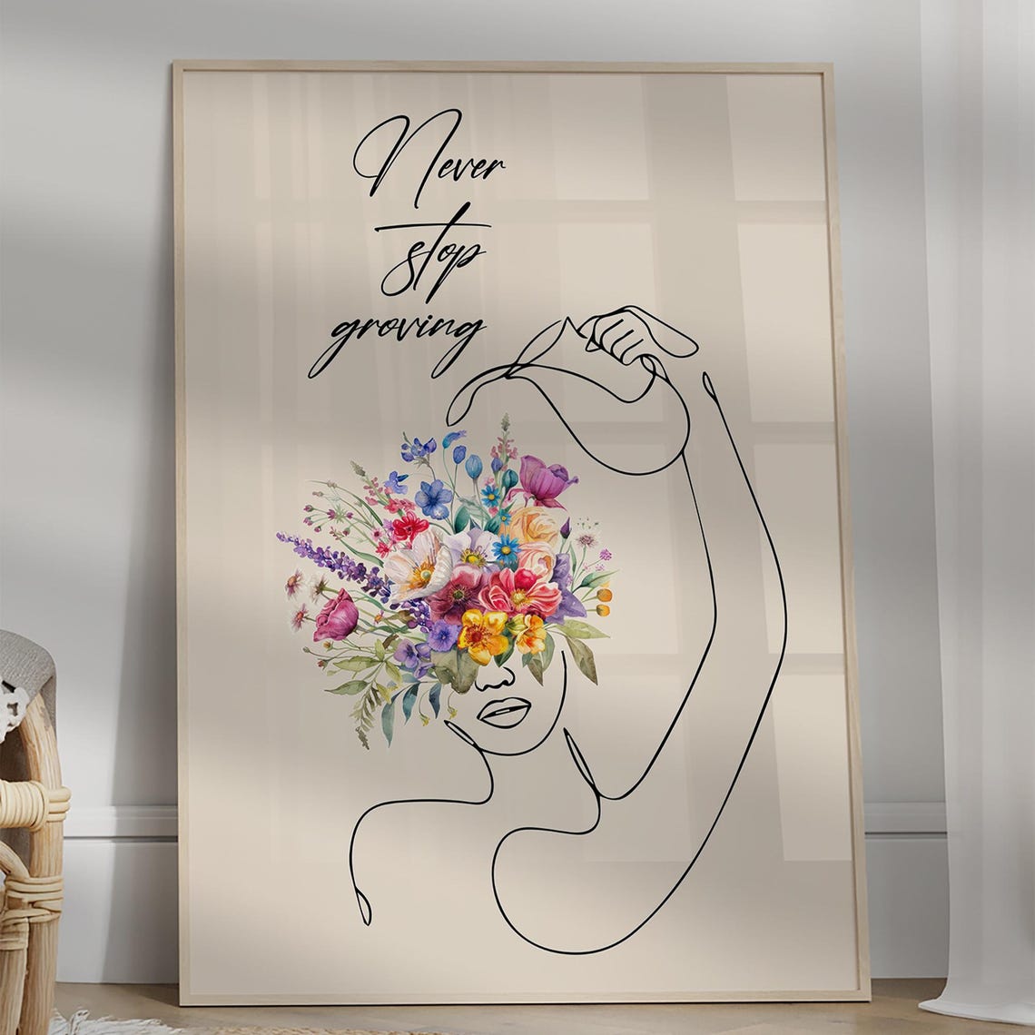 Floral Line Art Woman Inspirational Quote Poster Botanical Growth