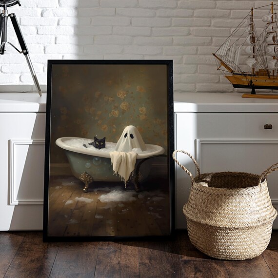Black Cat In Bath Print Vintage Halloween Decor Cute Bathroom Wall Art Gothic Bathtub Humor Poster
