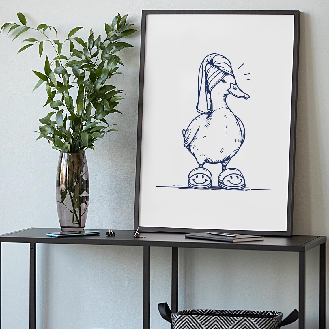 Funny Duck Blue Line Art Spa Towel Turban Slippers Bathroom Poster