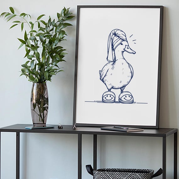 Cute Bathroom Duck Print Blue Retro Wall Art In Towel Preppy Dorm Decor Funny It Girl Poster