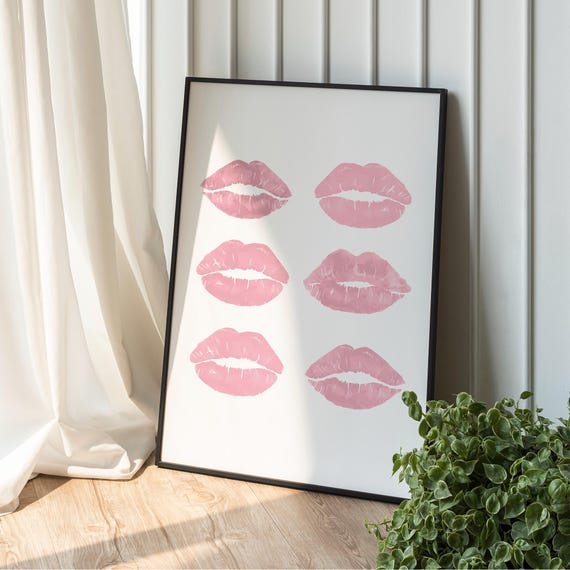 Kiss Lips Wall Art Pink Kisses Print Retro Poster Trendy Girly Feminine Cute Funky Apartment