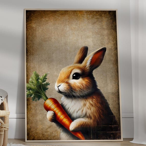 Vintage Easter Bunny Poster Flower Style Oil Paint Effect Modern Retro Print Wall Art For Home Decor