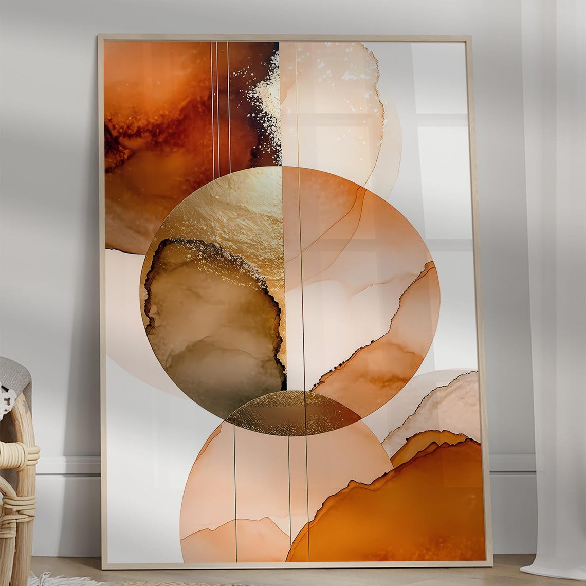 Warm Caramel Abstract Circle Modern Alcohol Ink Style Wall Art